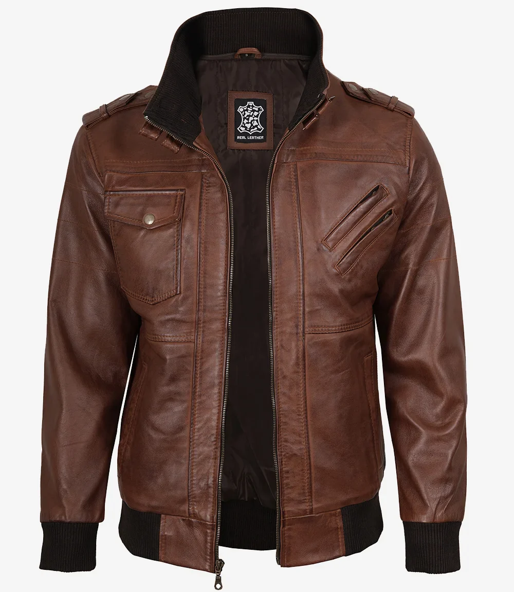 Blouson aviateur en cuir cognac pour homme avec capuche amovible – Image 4