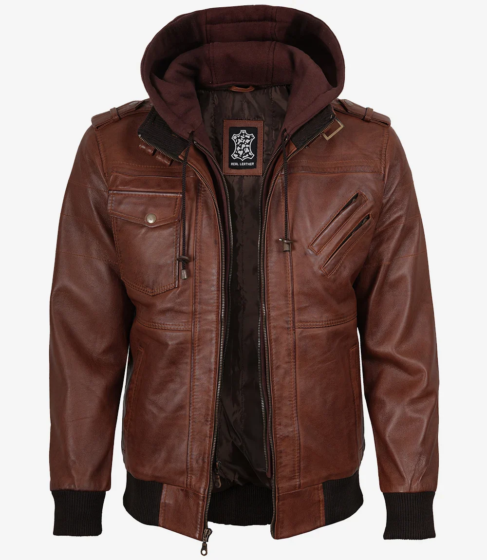 Blouson aviateur en cuir cognac pour homme avec capuche amovible – Image 6