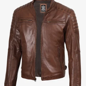 Veste en cuir ciré style motard pour homme couleur cognac