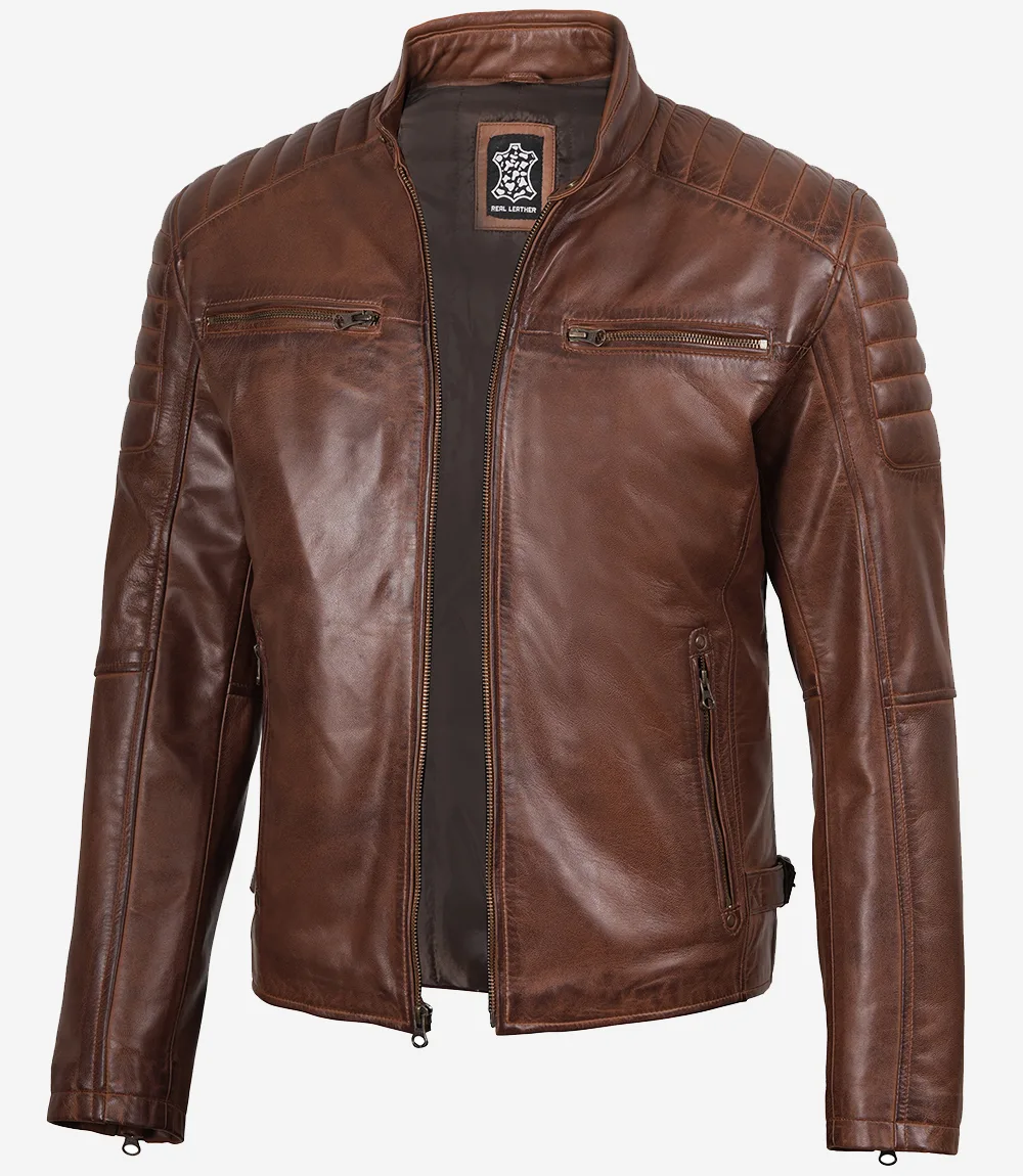 Veste en cuir ciré style motard pour homme couleur cognac – Image 2