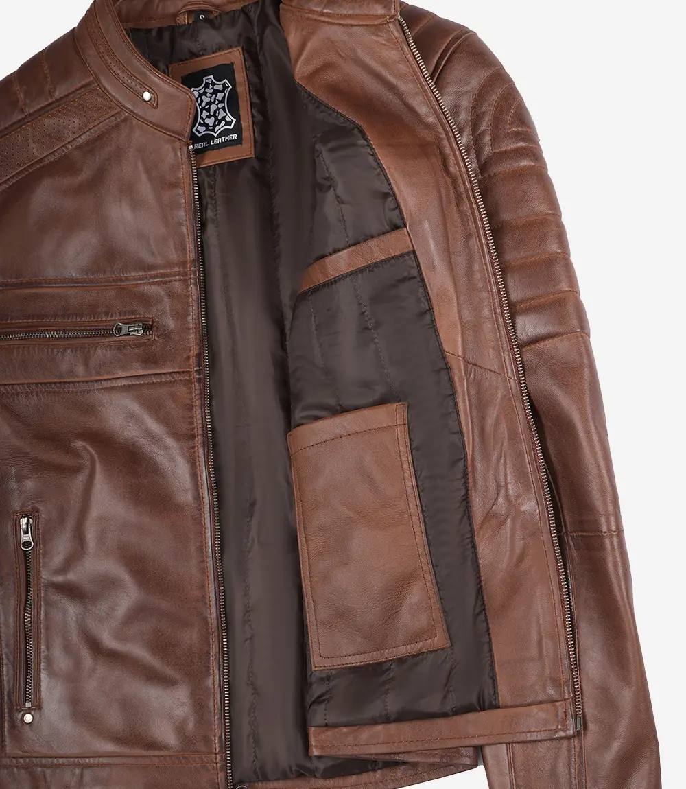 Veste en cuir Cognac Cafe Racer pour homme – Image 6