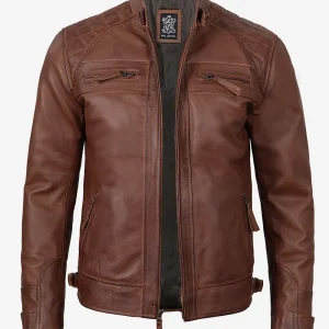 Veste en cuir matelassée style motard marron cognac pour homme