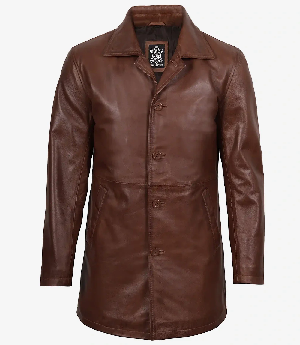 Manteau boutonné en cuir véritable pour homme, couleur cognac – Image 4