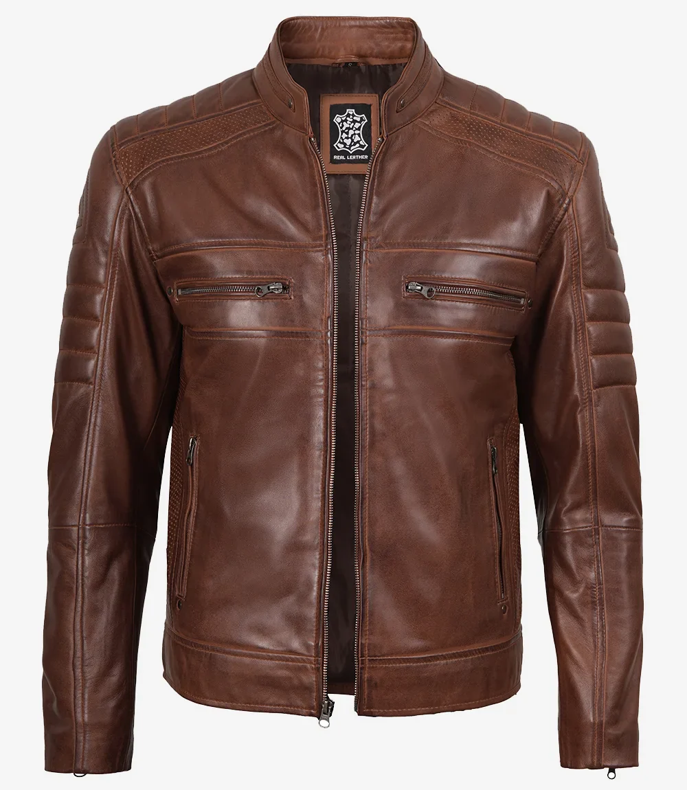 Veste en cuir Cognac Cafe Racer pour homme – Image 2