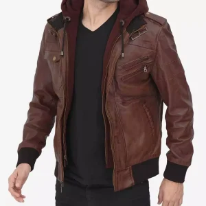 Blouson bomber en cuir marron foncé pour homme avec capuche amovible