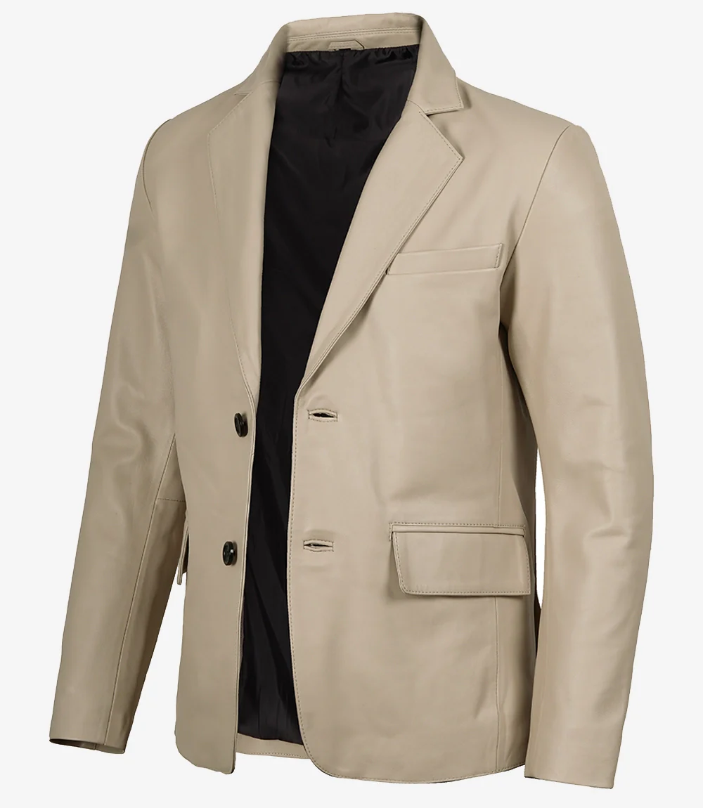 Blazer en cuir beige à deux boutons pour homme - Revers crantés – Image 3