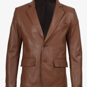 Blazer en cuir cognac à deux boutons pour homme - Revers crantés