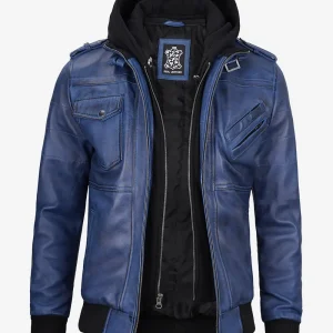 Blouson bomber en cuir ciré bleu pour homme avec capuche amovible
