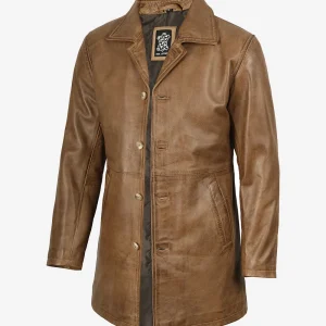 Manteau 3/4 en cuir marron camel pour homme