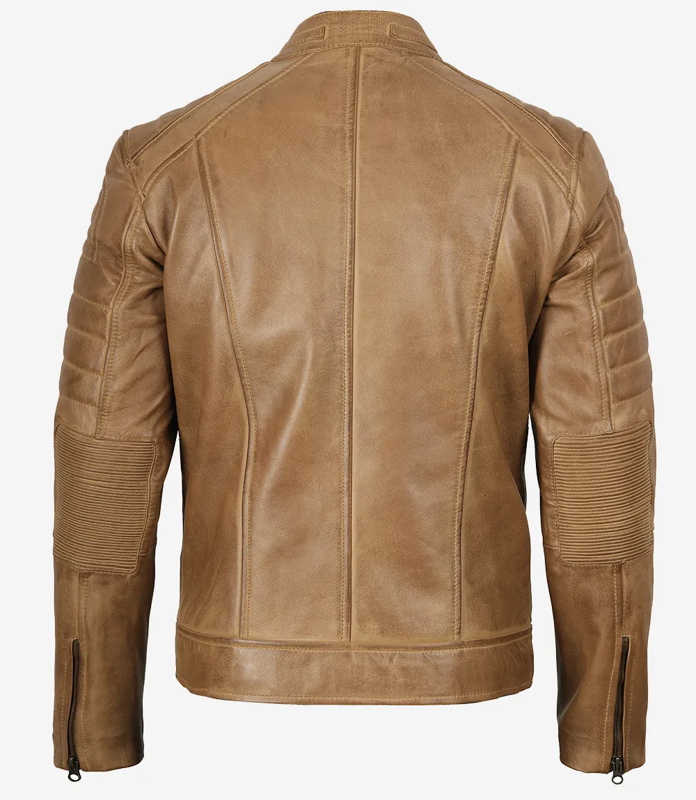 Veste en cuir marron camel style motard pour homme – Image 5