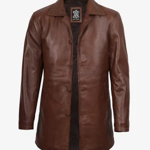 Manteau boutonné en cuir véritable pour homme, couleur cognac