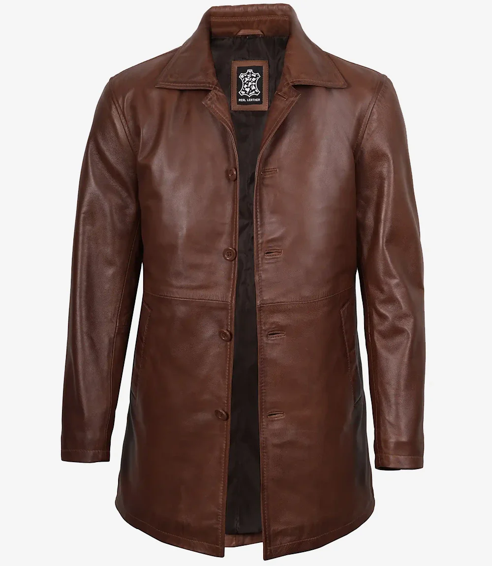 Manteau boutonné en cuir véritable pour homme, couleur cognac – Image 2