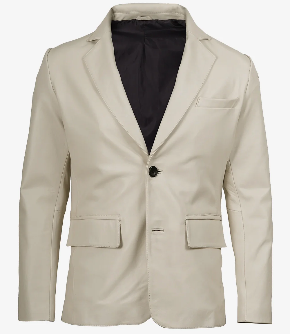Blazer en cuir blanc cassé à deux boutons avec revers crantés pour homme – Image 4