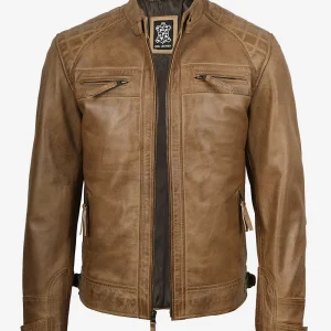Veste en cuir marron camel style motard pour homme avec épaules matelassées