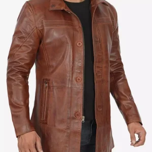 Manteau car coat en cuir ciré cognac pour homme tall
