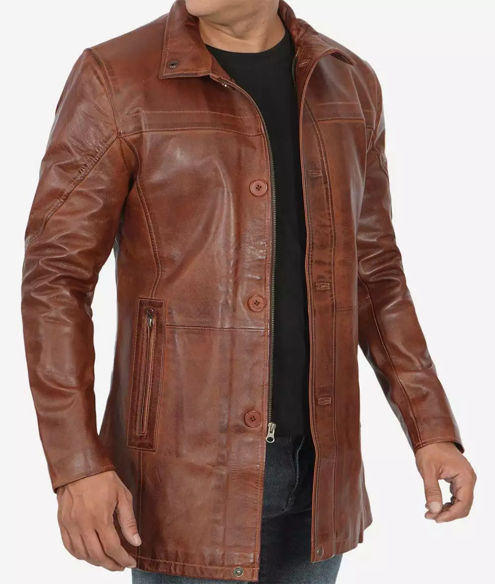 Manteau car coat en cuir ciré cognac pour homme tall