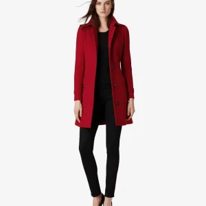 Manteau en laine rouge à boutonnage simple pour femme - Longueur 3/4
