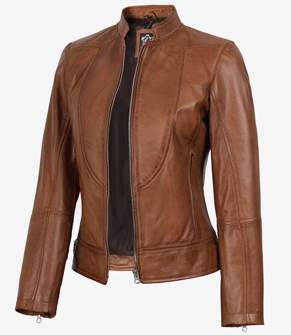 Veste en cuir ciré couleur tan, style motard slim fit pour femme – Image 3