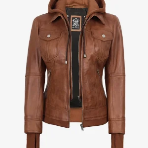 Blouson aviateur en cuir ciré beige Tralee pour femme avec capuche amovible