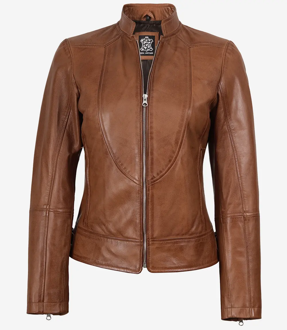 Veste en cuir ciré couleur tan, style motard slim fit pour femme – Image 4