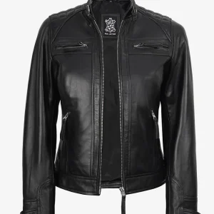 Veste motard en cuir noir pour femme - Épaules matelassées