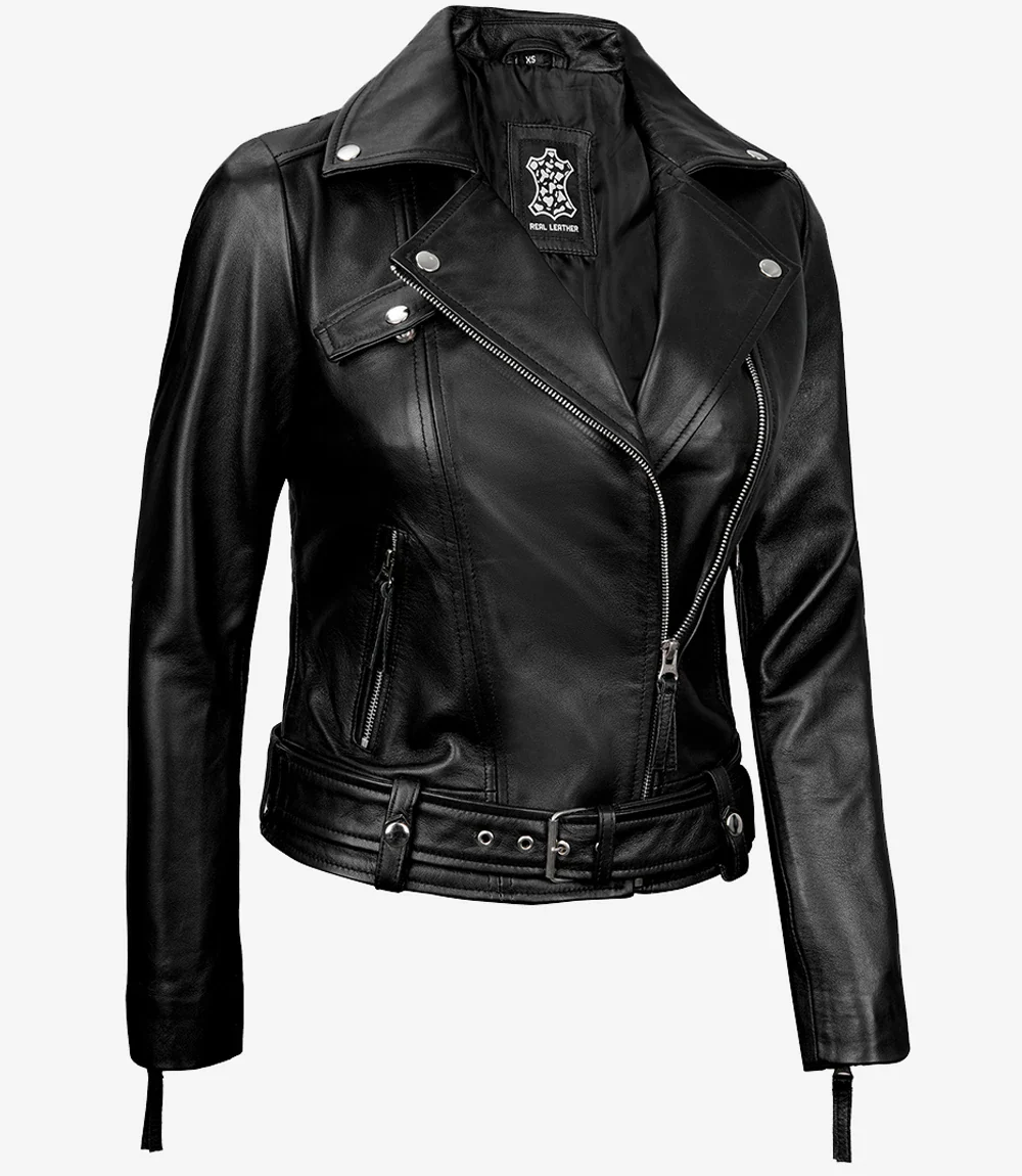 Veste de motard asymétrique en cuir noir pour femme – Image 4