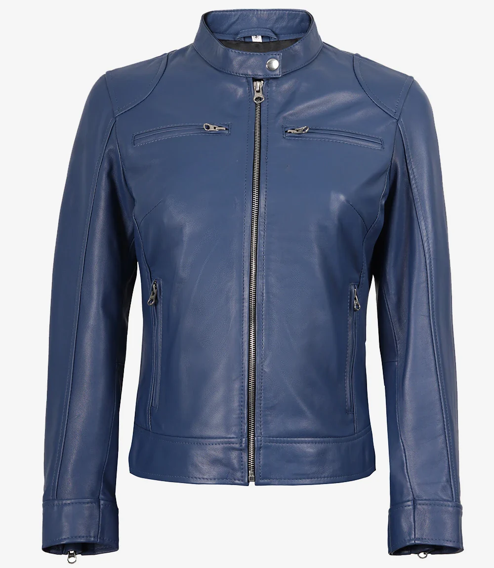 Veste en cuir bleu style motard pour femme - Coupe moderne – Image 4