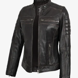 Veste en cuir marron vieilli style motard pour femme