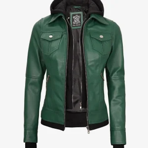 Blouson aviateur en cuir vert pour femme avec capuche amovible
