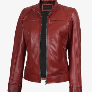 Veste motard rouge en cuir véritable pour femme