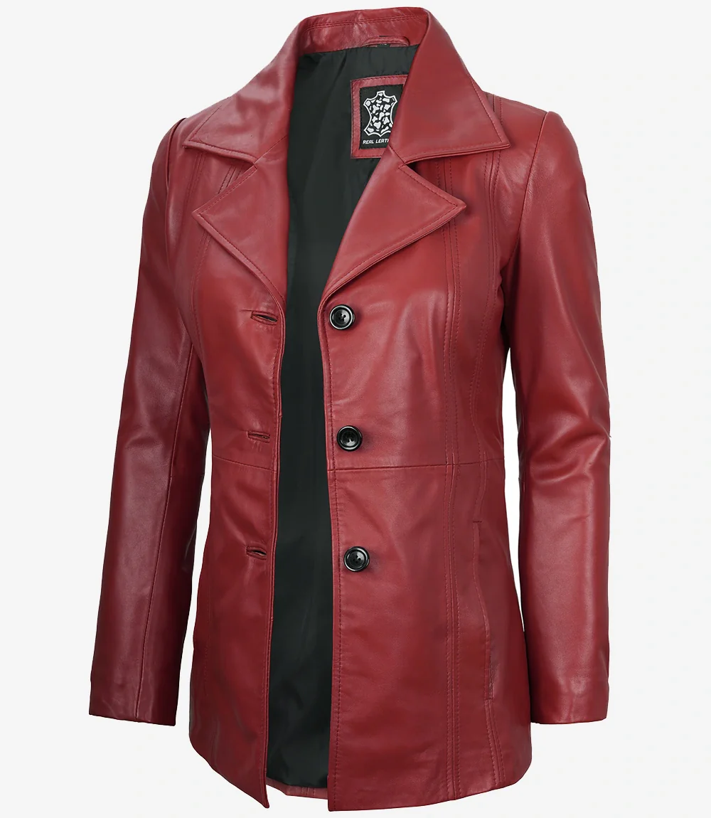 Blazer en cuir rouge à trois boutons pour femme – Image 3