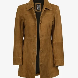 Manteau boutonné en daim marron pour femme, longueur 3/4