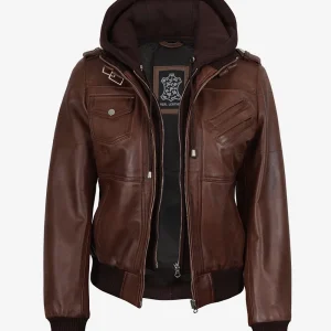 Blouson aviateur en cuir cognac pour femme avec capuche amovible