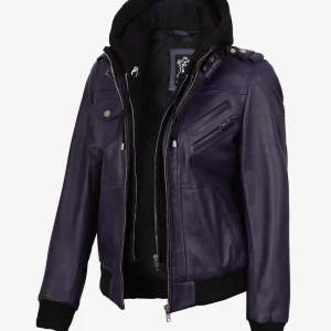 Blouson aviateur en cuir violet pour femme avec capuche amovible