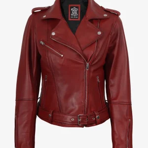 Veste en cuir asymétrique rouge style motard pour femme avec ceinture