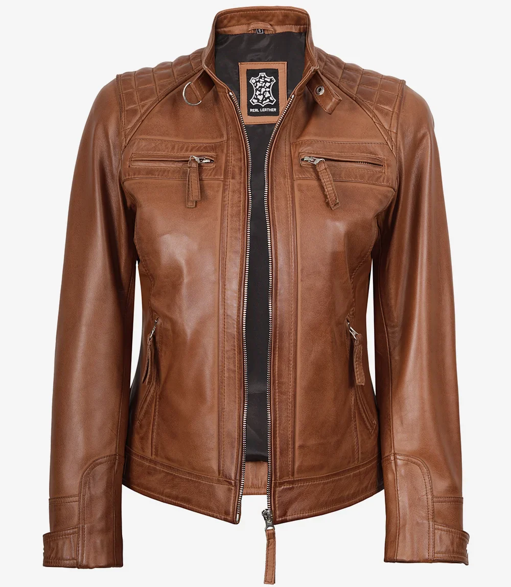 Veste style motard matelassée en cuir d'agneau véritable pour femme, couleur beige – Image 3