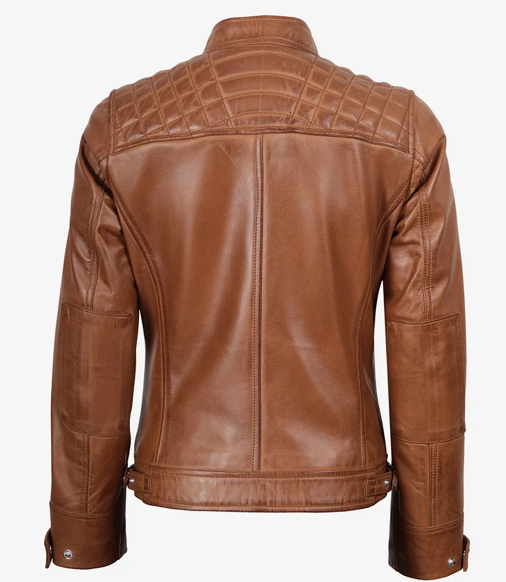Veste style motard matelassée en cuir d'agneau véritable pour femme, couleur beige – Image 5