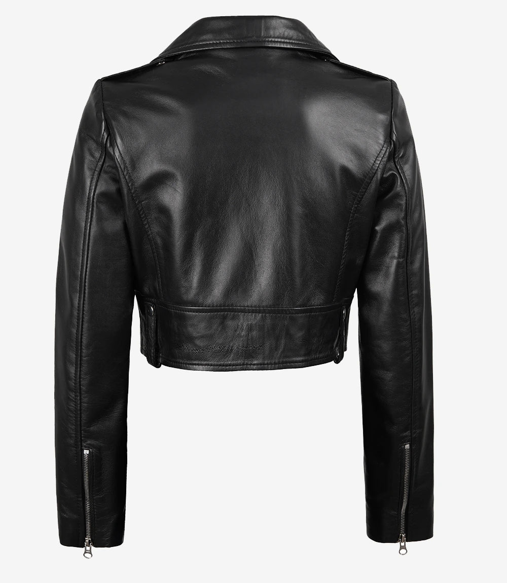 Veste courte asymétrique en cuir noir pour femme – Image 7