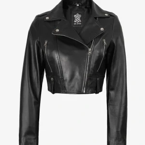 Veste courte asymétrique en cuir noir pour femme