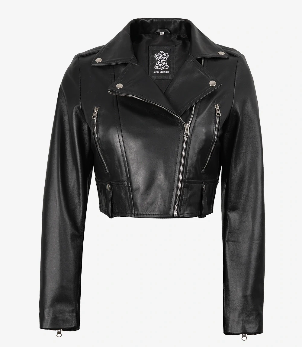 Veste courte asymétrique en cuir noir pour femme