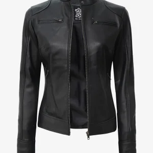 Veste style motard en cuir d'agneau noir pour femme