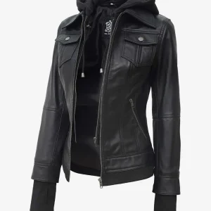 La Celeste : blouson aviateur en cuir noir pour femme avec capuche amovible