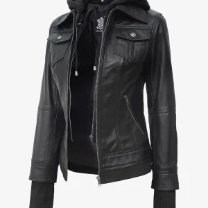 La Celeste : blouson aviateur en cuir noir pour femme avec capuche amovible