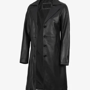 Manteau long en cuir noir pour femme - Revers crantés