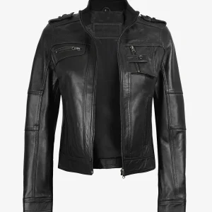 Veste de moto en cuir noir pour femme - Style motard classique