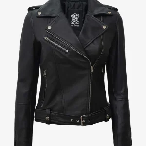 Veste motard asymétrique en cuir noir pour femme Margaret avec ceinture