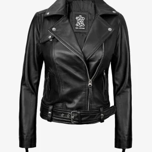 Veste de motard asymétrique en cuir noir pour femme