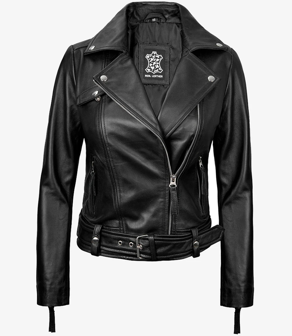 Veste de motard asymétrique en cuir noir pour femme – Image 2