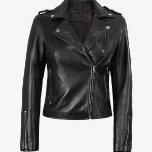 Veste en cuir asymétrique noire style motard pour femme