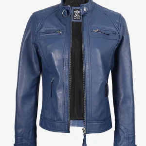 Veste motard matelassée bleue en cuir d'agneau véritable pour femme